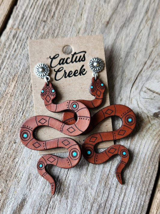 "Josie" Handmade Tooled Leather Snake Earrings