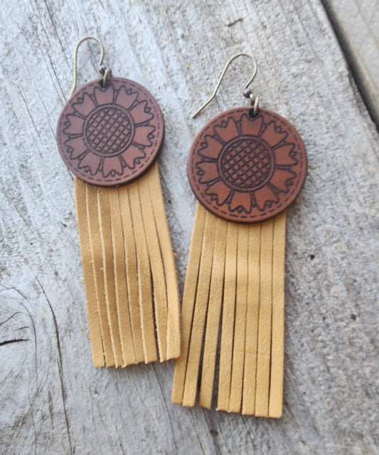"Kansas" Handmade Tooled Leather and Fringe Earrings
