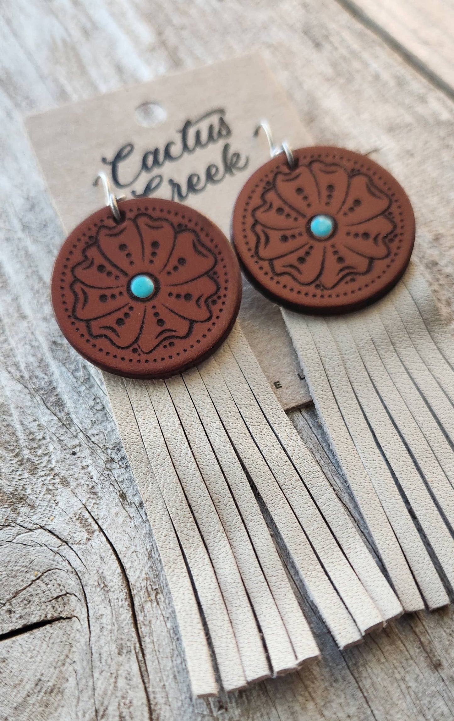 "Montana"  Handmade Tooled Leather and Fringe Earrings