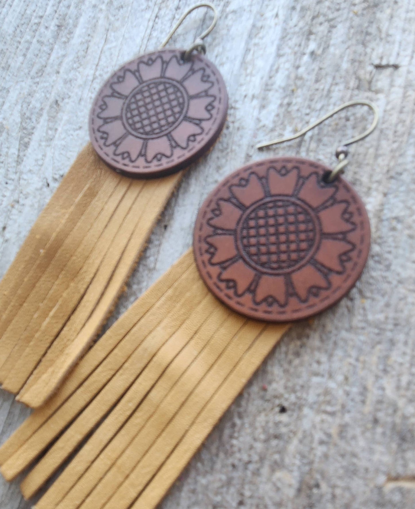 "Kansas"  Handmade Tooled Leather and Fringe Earrings