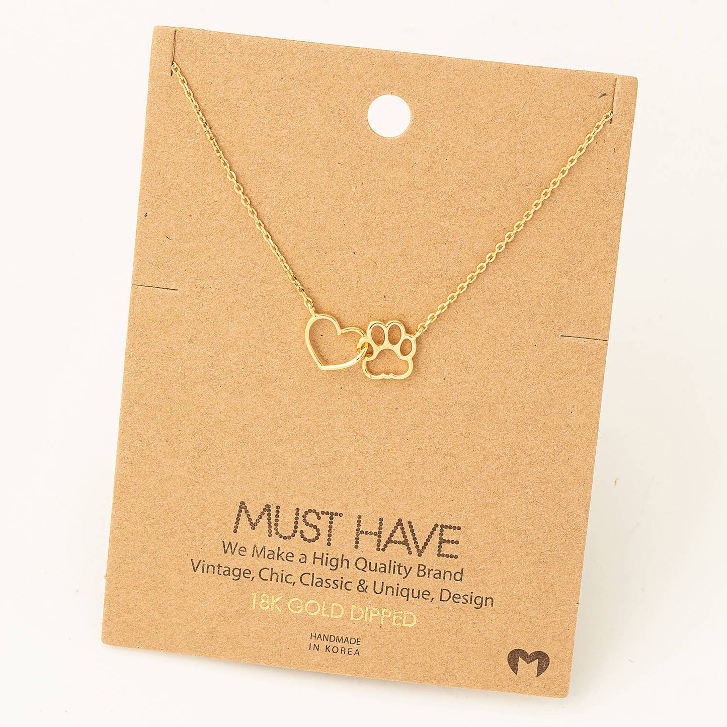 Gold Dipped Dog Paw Heart Cutout Pendant Necklace