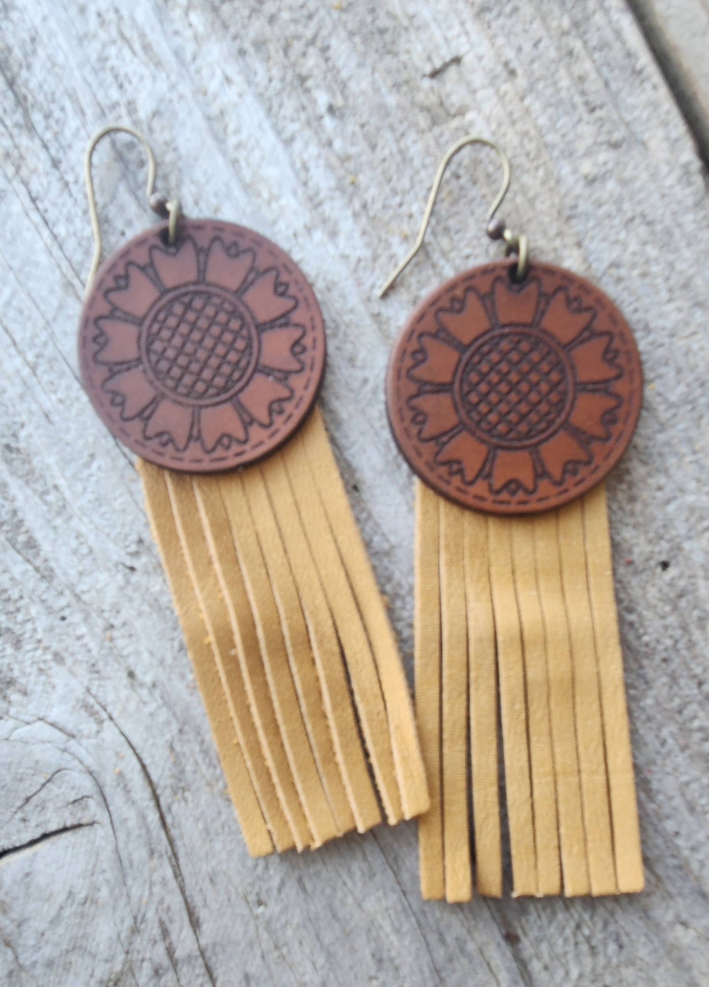 "Kansas"  Handmade Tooled Leather and Fringe Earrings