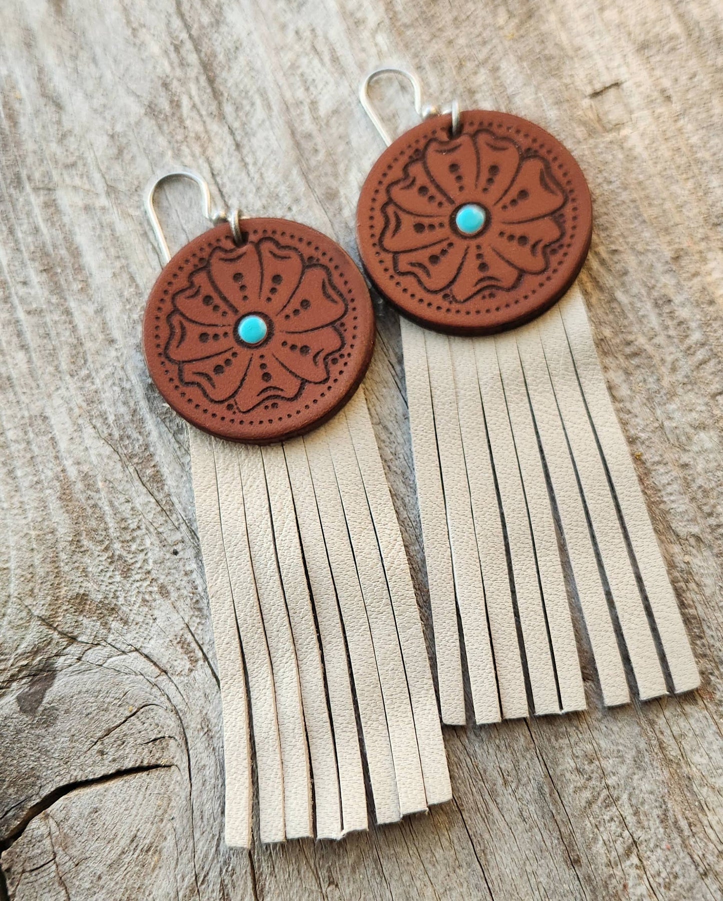 "Montana"  Handmade Tooled Leather and Fringe Earrings