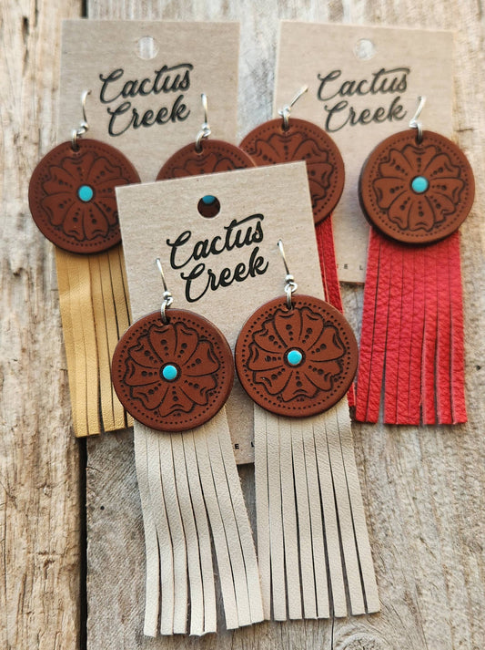 "Montana"  Handmade Tooled Leather and Fringe Earrings